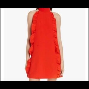 Stunning Ted Baker London, red shift style ruffle dress with gold zipper and sid